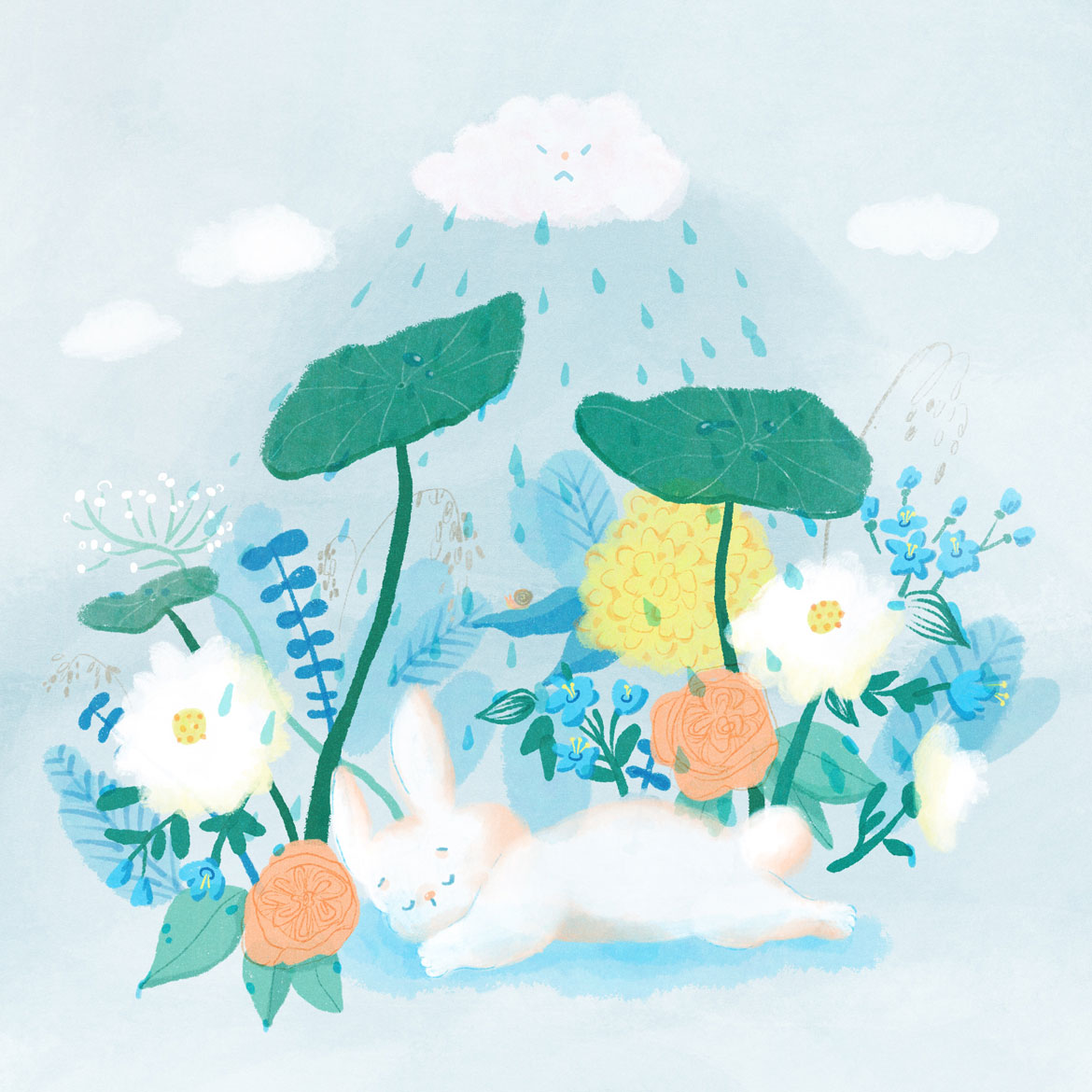 bunny sleeping in rain